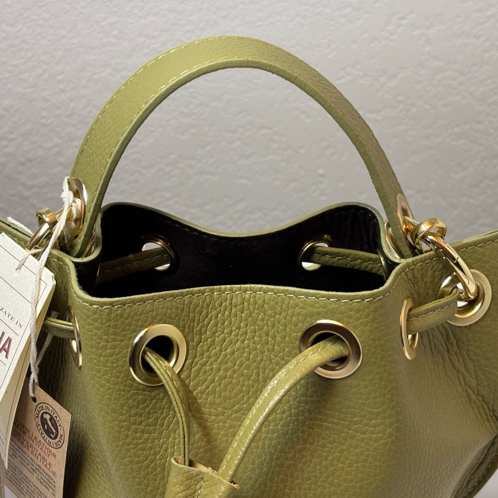 NEW Anna Paola Italian Leather Bucket Bag Made In Italy Olive Green - Picture 9 of 9